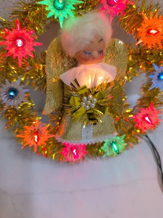 Vintage Light Up Angel Wreath Gold Tinsel Flashing Lights Retro Christmas 7” - Picture 6 of 12